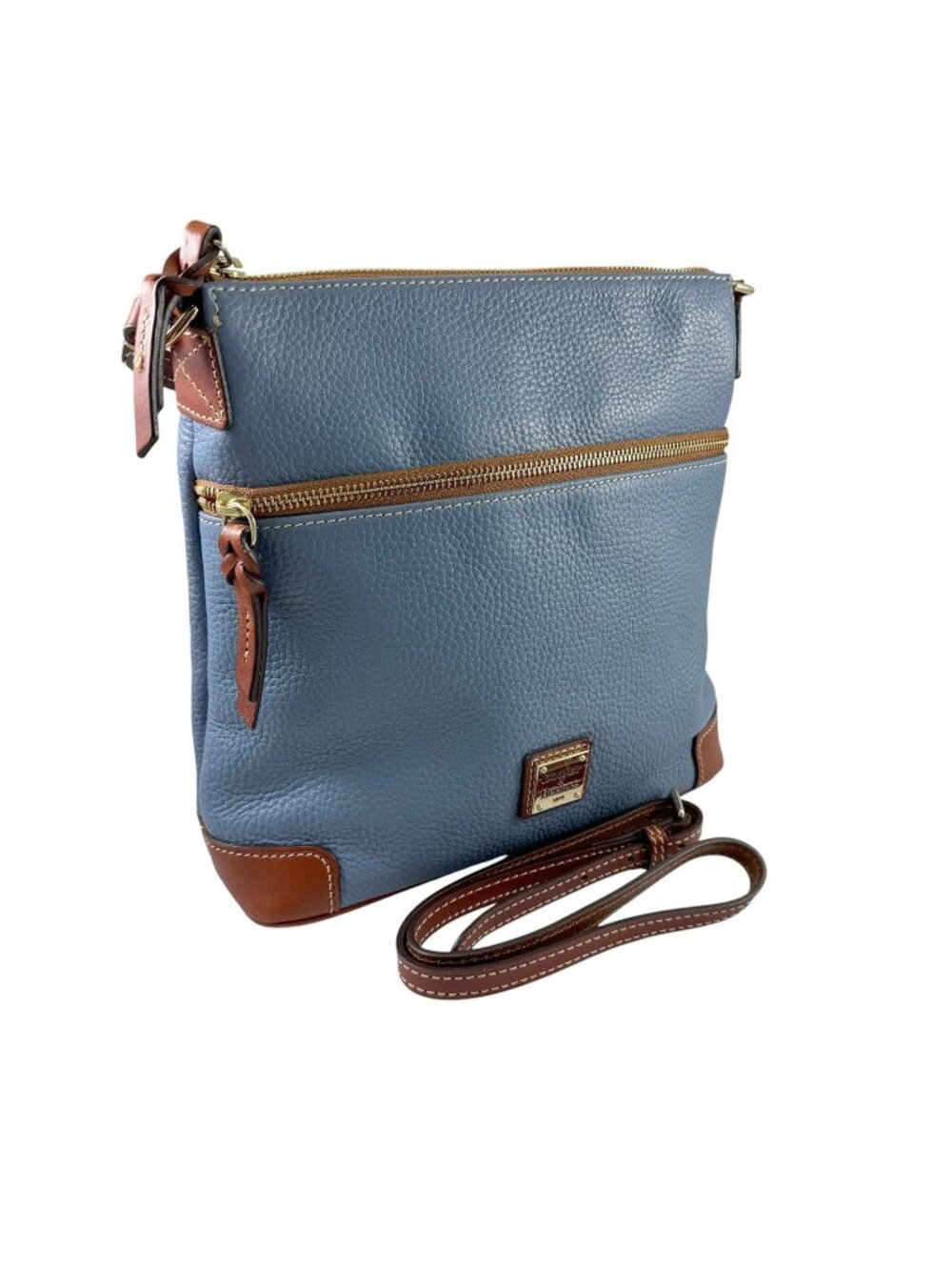 Dooney & Bourke Crossbody Purse Bag Blue Pebbled Leather British Tan Trim